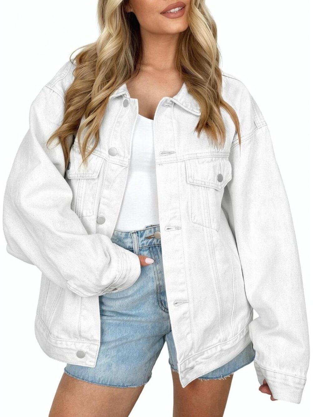 Women's White Long Sleeve Button Down Oversized Denim Jacket Casual